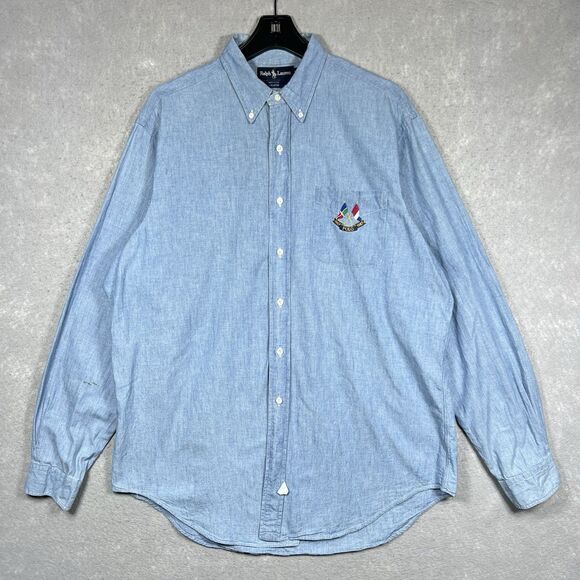 Polo Ralph Lauren Chambray Shirt XL Embroidered CROSS FLAGS Anniversary 1987 - Picture 1 of 13